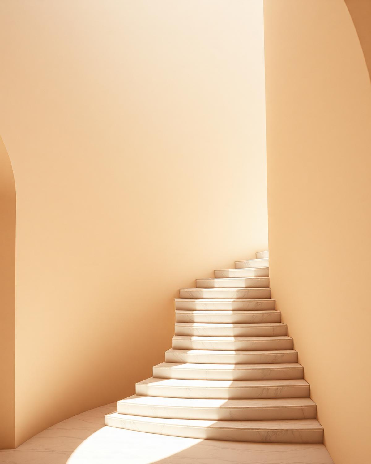 A curved marble staircase ascending in soft daylight